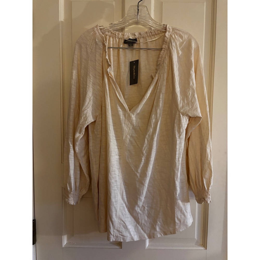 Style & Co Palomino Beige Smocked Knit Peasant Top Long Sleeve Large NWT